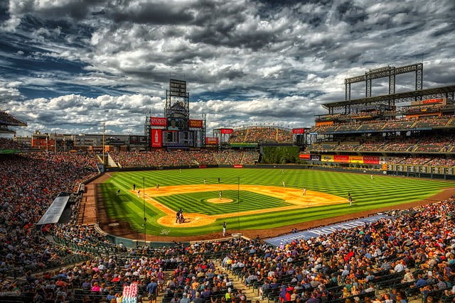 View from First Base side of home plate at Coors Field, hyper-realistic cloud cover