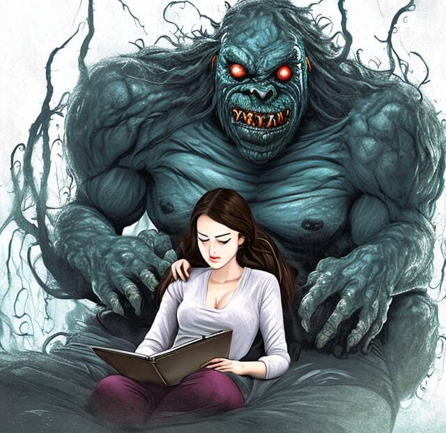 ai generated image of young woman reading book, with red eyed monster behind her. Used image for best horror audiobooks post