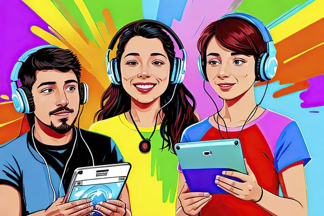 ai generated image of three young people listening to audiobooks on tablets, with vibrant starburst background