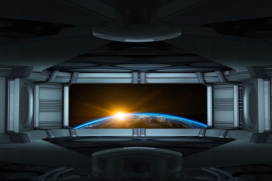 futuristic image on bridge of spaceship, looking through viewscreen of sunrise over planet below