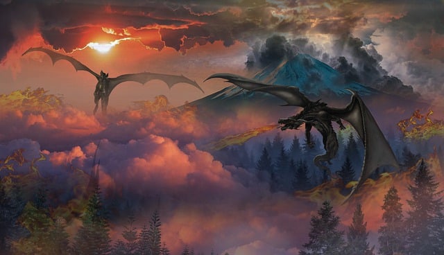 Two large dragons flying above landscape of mountains, trees and clouds. Sun peeking through clouds tinges everything red.