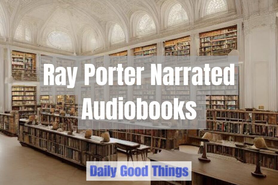 Main image for Ray Porter narrator audiobooks, created by NightCafe Creator AI (library with books scene)