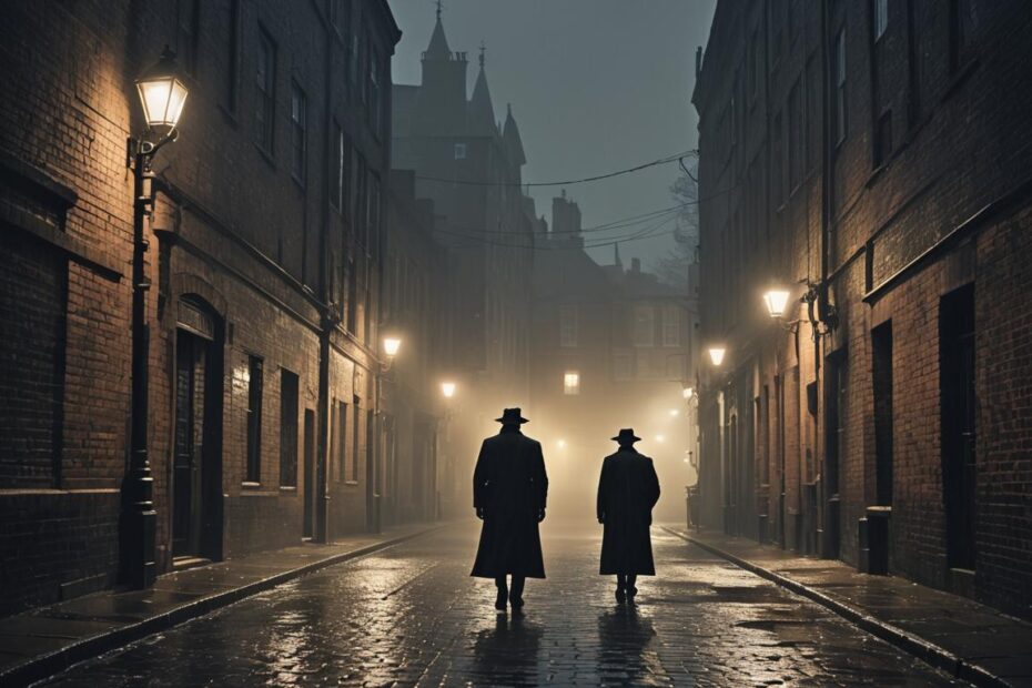 two detectives walking down a dark misty road